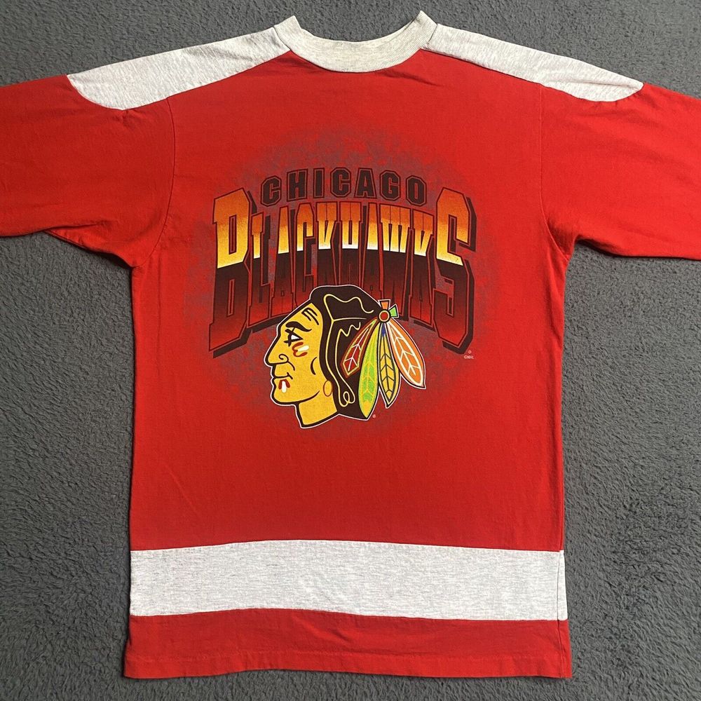 Vintage 90s CHICAGO BLACKHAWKS Boys L 14 16 Jersey SHIRT 3/4 Sleeve USA Made NHL